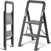 2 Step Ladder w/ Handrail, Aluminium Folding Stool, Non-Slip, 150kg Load, Black