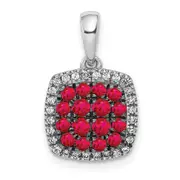 14k White Gold Real Diamond and Ruby Square Halo Pendant