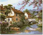 Frameless, Paint by Number Kits with Brushes and Acrylic Paints for Beginner- Bridge, River and Households 16 * 20"