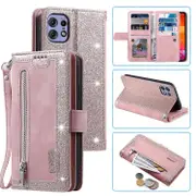 For Motorola Edge 50 Pro 5G Case 9 Card Slots Leather Wallet Phone Cover with Zipper Pocket Rose Gold