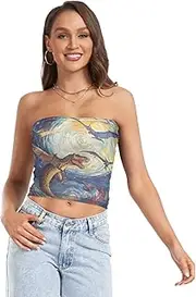 [RPLIFE] T Rex Chasing Pterodactyls Starry Night Tube Crop Tops for Women, Trendy Crop Tops, Sheer Tube Tops, Summer Tops (S)