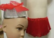 Red Fringe Skirt w/ Silver Pillbox Hat Organdy Poof Girls Small Dance Costume