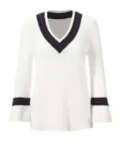 Cabi New NWT Size S Ace Pullover #5639 White w Red Blue Knit Was $114