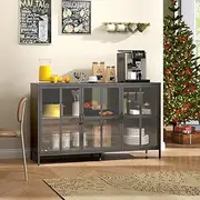 FLIXELIO Metal Sideboard Cabinet with Glass Doors, Morden Black Buffet Cabinet with Storage, 55" Coffee Bar Cabinet Farmhose Accent Cabinets for Living Room, Dining Room, Kitchen, Assembly Required
