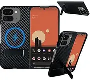 [Pefimt] for Google Pixel 9 Pro Fold Case Compatible with MagSafe, Built-in Kickstand & Magnetic Ring, Luxury Carbon Fiber Texture Leather+PC Bumper Protective Phone Cover for Pixel Fold 2 Black