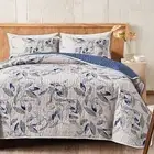 3 Pieces Microfiber Quilt Set, Botanical Blue Leaves on Light Gray Reversible De