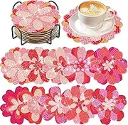 DOTSOPS 10 Pcs Valentine's Day Flower Diamond Painting Coasters Kits with Holder - DIY Diamond Art Coaster - Non Slip Coaster for Adults Diamond Painting Kits Supplies