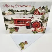 2 LANG Linen White Glitter SNOWY TRACTOR Christmas Card Envelope~Susan Winget