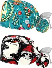 [YTYVAGT] 2-Pc,Nurse Scrub Caps,Scrub Hats with Buttons and Cotton Sweatband,Christmas Decorations Pattern