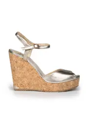 Gold Leather Cork Wedge Strap Sandals
