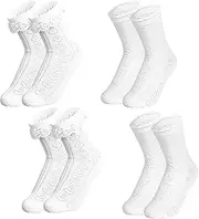 [DAWRIS] 4 Pairs Women Frilly Socks, White Ruffle Socks Ankle Lace Socks, Cute Sweet Ballet Socks Princess Dance Dress Socks, Kawaii Ruffle Socks Cotton Socks for Women Ladies Girls, UK 4-7, White,