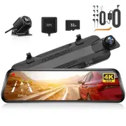4K Mirror Dash Cam with Rear Camera G-Sensor 64GB SD Card HW Kit