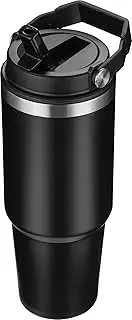 LMX 30 oz Stainless Steel Vacuum Insulated Tumbler Cup Water Bottle with Straw Leak Resistant Flip for Water, Tea, Coffee, Smoothies, Beer, Juice (Black)