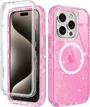 [I-HONVA] for iPhone 15 Pro Max Case Clear [Non Yellowing] [Compatible with MagSafe] Shockproof 3-Layer Full Body Protection Rugged Heavy Duty Cover Case for Apple iPhone 15 Pro Max,Clear Pink Glitter