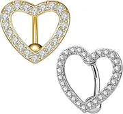 [Fuqimanman2020] 2pcs Love Heart Belly Button Rings Crystal CZ Pave Top Down 14G Surgical Steel Navel Reverse Hinged Belly Rings Body Piercing for Women Girls Hypoallergenic Sexy Beach Summer Jewelry