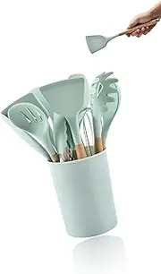 12-Piece Silicone & Bamboo Nonstick Kitchen Utensils Set, Safe & Durable Cooking Tools for Non-Stick Pans, Elegant Wooden Handle Spatulas, Spoons, Tongs - for Health-Conscious Cooking Enthusiasts