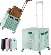 [MACOPRO] Folding Utility Cart Portable Rolling Crate Handcart Shopping Trolley Collapsible Tool Box, with Lid, Basket on 4 Rotate Wheels, for Grocery, Shopping, Office, Storage, Teacher (green)
