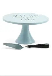 Blue Rae Dunn BEST DAY EVER Wedding Ceramic Cake Stand and I DO Server