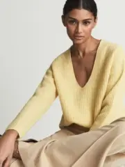 NWT REISS TRINNY-DEEP V JUMPER V-NECK SWEATER YELLOW SIZE M WOOL CASHMERE $240