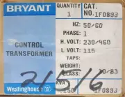 WESTINGHOUSE BRYANT 1F0893 Control Transformer Primary 230 460 VAC Secondary