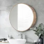Simplus Round 600MM Bathroom Mirror Cabinet with Glass Door Shower Shaving Cupboard Wall Mounted Medicine Vanity Storage Shelves (Oak)