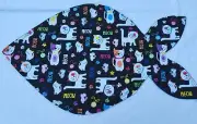 Fish Shaped Meow Print Cat Feeding Mat Handcrafted 21" x 13"