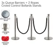 3x Queue Barriers +2 Ropes Crowd Control Bollards Stanchions (Silver+Black ROPE)