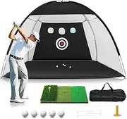 Golf Net, 10x7ft Practice Net with Tri-Turf Mat, All in 1 Home Hitting Aid Nets for Backyard Driving Chipping Swing Training with Target/Mat/Balls/Tee/Golf Lovers