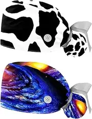 [WOSHJIUK] Working Hat 2 Pack Scrub Caps for Women,Cow Print White Black,Tie Back Cap Adjustable Scrub Hat
