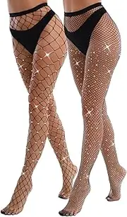 [VEBZIN] 2 Pack Sparkly Large And Medium Mesh Fishnet Tights For Women