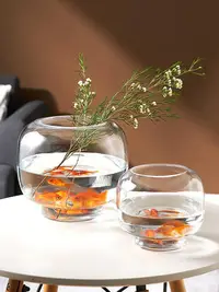 在飛比找Yahoo!奇摩拍賣優惠-創意圓形玻璃魚缸透明大小號客廳辦公桌面加厚烏龜金魚缸水培花瓶