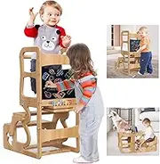 HaoZuop Toddler Tower Kitchen Stool Helper for Toddlers 1-3, Learning Wooden Tower with Chalkboard, 4 in 1 Children's Step Stool for Kids, Free Hands, Easy Assembly