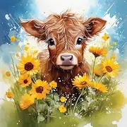Fabric Panel 10"x10" Cow & Sunflowers 100% Cotton Fabric Panel Quilting Square AM2189