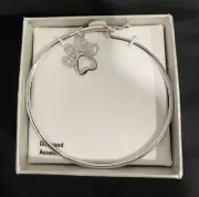 Fine Silver Plated -Diamond Accent Paw Print Bangle Bracelet - NEW in Box