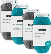 Freeman Net Soap Pouch, Exfoliating Mesh Body Scrubber, Bath & Shower Pouf Removes Dead Skin, Dirt, & Impurities, for Soap Bars, Textured Netting for Mild Exfoliation, Self-Tan Prep, 4 Count