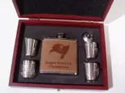 TAMPA BAY BUCS SUPER BOWL LV LEATHER 6 OZ FLASK W 4 SHOT GLASSES ROSEWOOD BOX