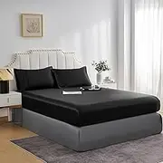 JHCHMX Black Satin Fitted Sheet Super King,Ultra Soft Deep Pocket Silk Bottom Bed Fitted Sheet,1 fitted sheet only Black 180x200cm