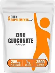BulkSupplements.com Zinc Gluconate Powder - Zinc Supplements, Zinc 40mg, Zinc Powder - Zinc Mineral Supplement, For Immune Support - Gluten Free, 285mg per Serving, 1kg (2.2 lbs)