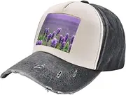 [YANYU] Purple Lavender Colored Flowers Print Fashion Washed Distressed Baseball Cap Vintage Adjustable Hat with Classic Brim, Black and White, One Size
