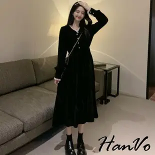 【HanVo】現貨 法式復古赫本風絲絨洋裝(宮廷風修身顯瘦連衣裙 韓系女裝 女生衣著 3682)