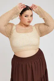 Beige Fishnet Knit Top Long Sleeve Square Neck