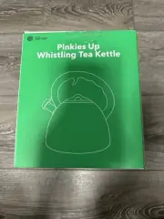 Pinkies Up Whistling Tea Kettle New, Sealed Silver Teapot Handle Sprout Trigger