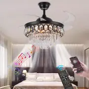 42'' Crystal Ceiling Fan with Lights and Bluetooth Speaker, Black Fandelier Crys
