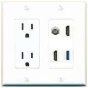 COAX 2 HD USB-3 Port Wall Plate w/Power Outlet White