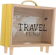 SAFIGLE Travel Fund Piggy Bank - Wood Coin Bank with Handle Vacation Fund Money Box Decorative Savings Box Suitcase for Adults Travel Vacation Wedding Khaki