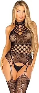 [Leg Avenue] High neck halter hardcore net and lace suspender bodystocking Black, Black, One Size