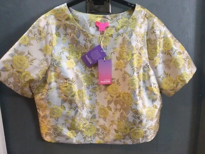 New Monsoon Fusion Size 16 Silver Grey Yellow Floral Short Sleeve Top Blouse