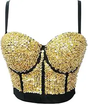 [GHAKKE] Sexy Bright Beading Sequins Nightclub Push Up Bralette Bra Cropped to Wear Out Corset Tops Female Camis Crop Top (Color : Golden, Size : 38C)