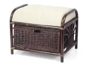 Krit Ottoman Rattan Wicker Stool Pouf with Basket w/ Cushion, Dark Brown