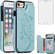 Phone Case for iPhone SE 2020/7/8 with Tempered Glass Screen Protector Card Holder Wallet Cover Stand Flip Leather Cell iPhoneSE2020 iPhone7 iPhone8 i Phones8 i7 i8 7s 8s Cases Women Girls Men Green